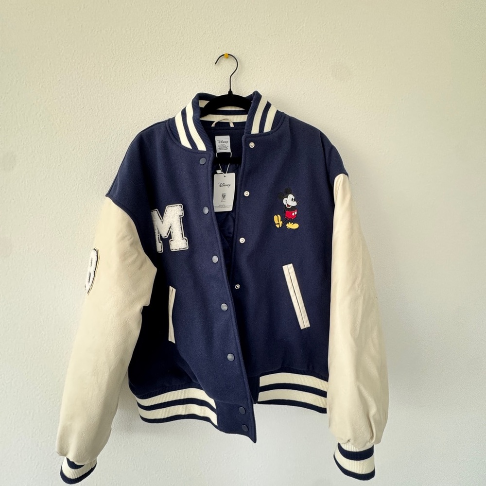 Disney Navy and Cream Collegiate Jacket with Striped Collar, leather arms